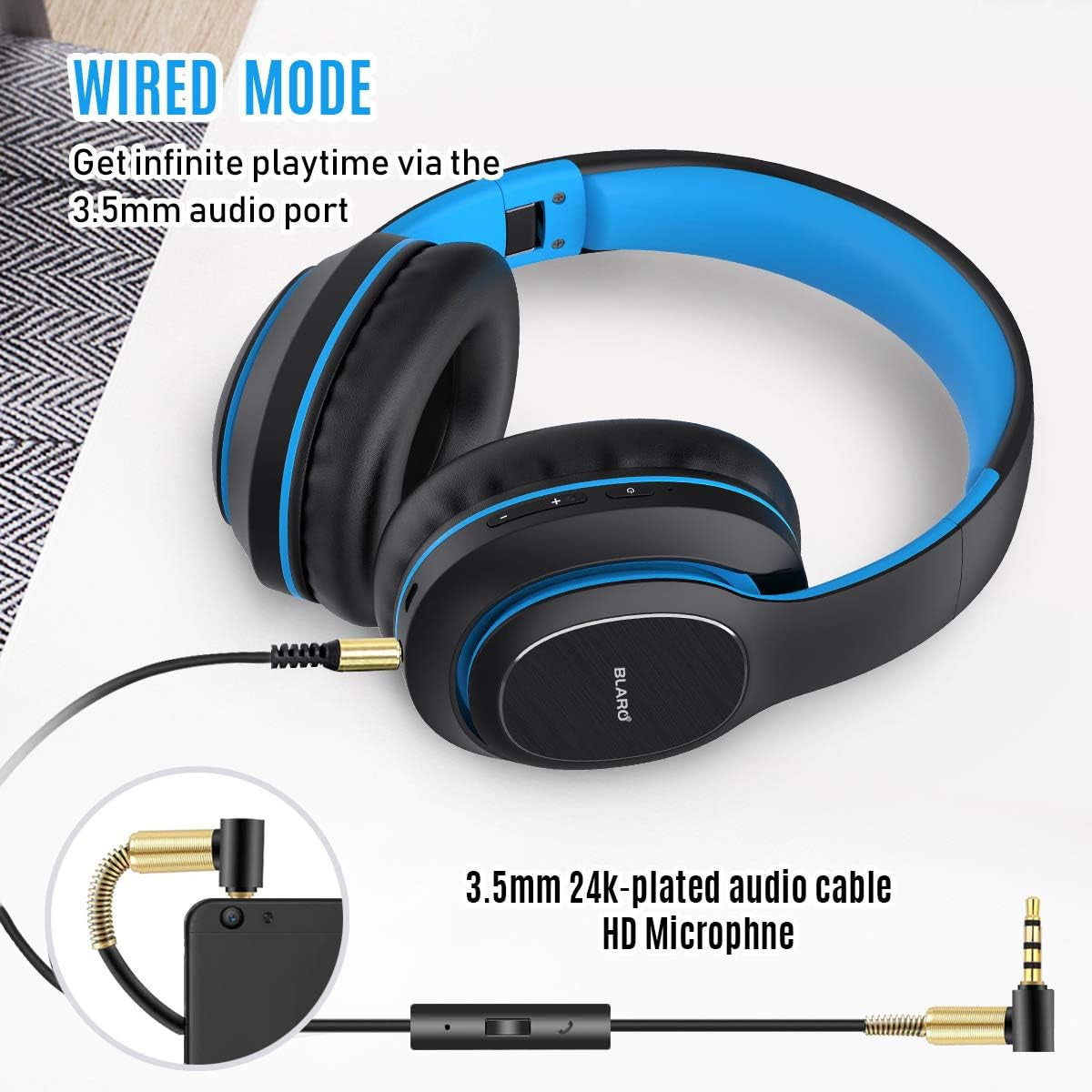 Bluetooth Headphones over Ear, Hi-Fi Deep Bass Wireless and Wired Headsets, 72 Hours Playtime, Soft Memory Protein Earmuffs, Foldable Headphones with CVC6.0 Mic-Blue