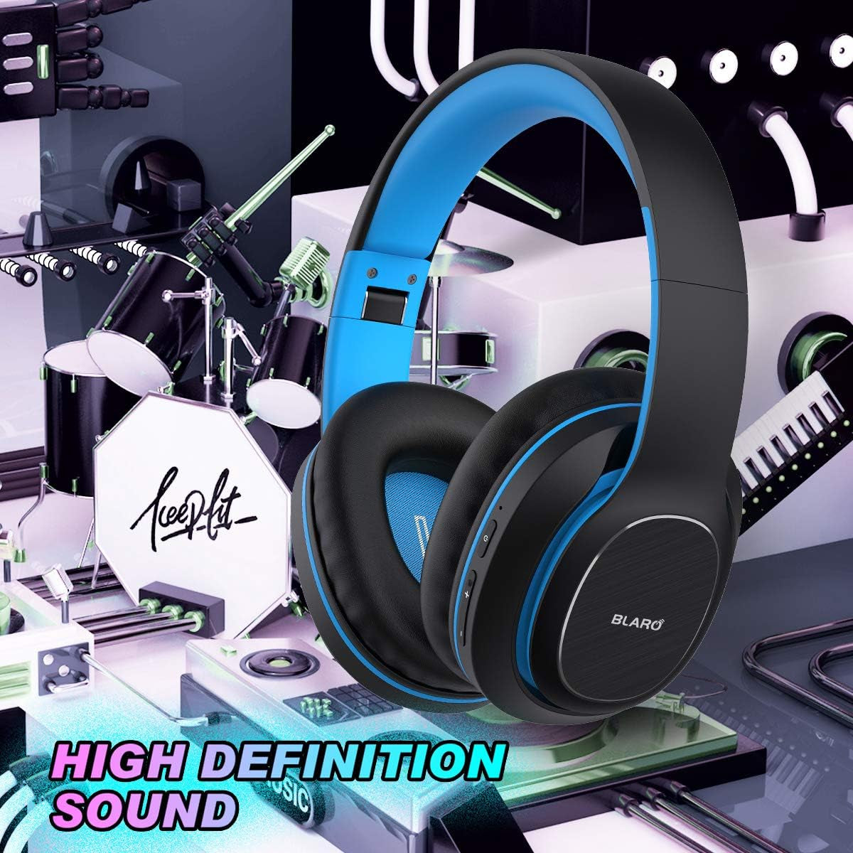 Bluetooth Headphones over Ear, Hi-Fi Deep Bass Wireless and Wired Headsets, 72 Hours Playtime, Soft Memory Protein Earmuffs, Foldable Headphones with CVC6.0 Mic-Blue