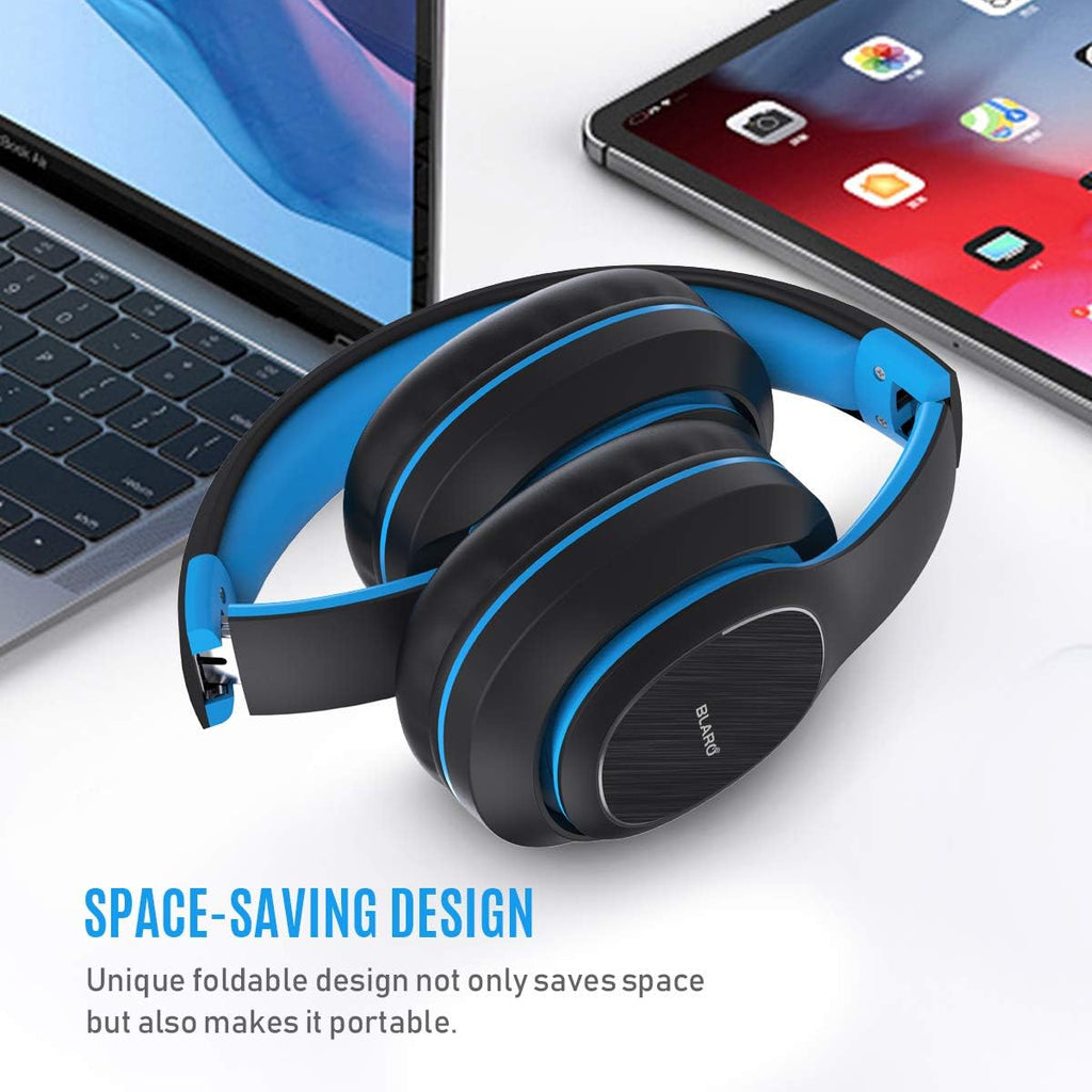 Bluetooth Headphones over Ear, Hi-Fi Deep Bass Wireless and Wired Headsets, 72 Hours Playtime, Soft Memory Protein Earmuffs, Foldable Headphones with CVC6.0 Mic-Blue