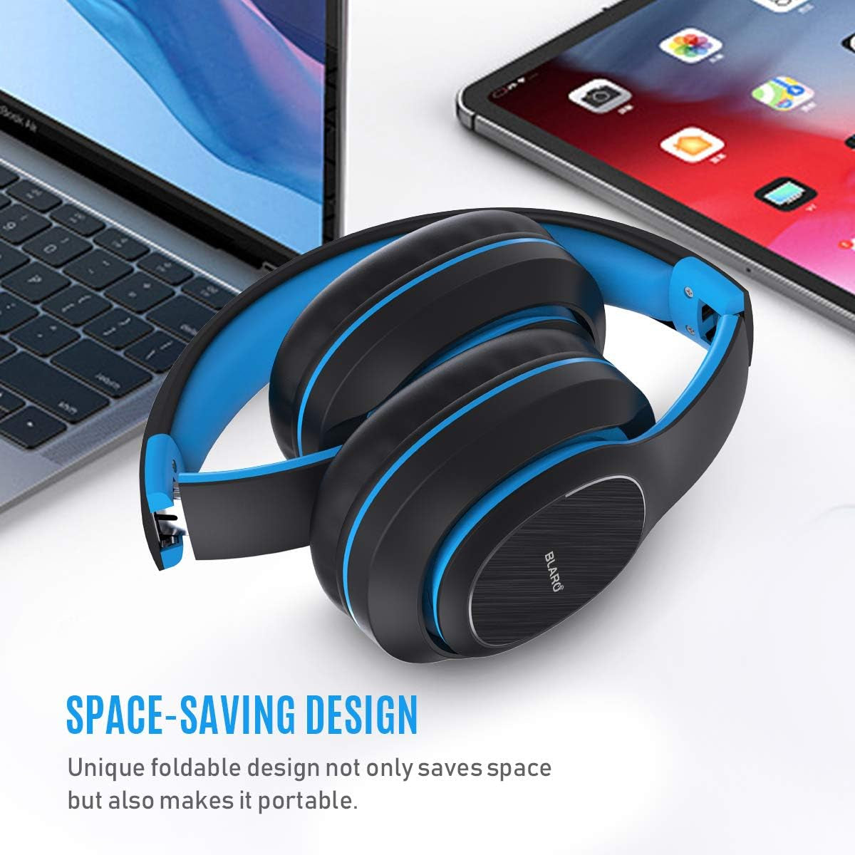 Bluetooth Headphones over Ear, Hi-Fi Deep Bass Wireless and Wired Headsets, 72 Hours Playtime, Soft Memory Protein Earmuffs, Foldable Headphones with CVC6.0 Mic-Blue