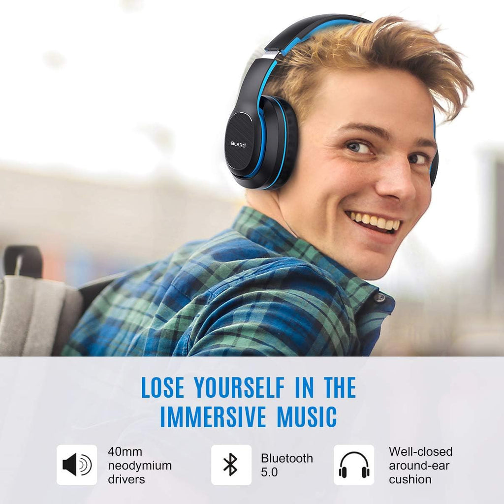 Bluetooth Headphones over Ear, Hi-Fi Deep Bass Wireless and Wired Headsets, 72 Hours Playtime, Soft Memory Protein Earmuffs, Foldable Headphones with CVC6.0 Mic-Blue
