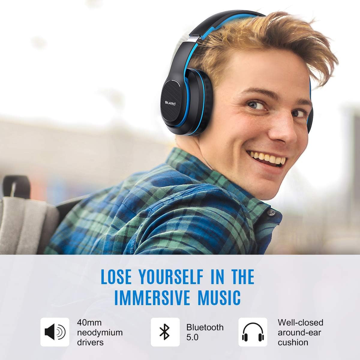 Bluetooth Headphones over Ear, Hi-Fi Deep Bass Wireless and Wired Headsets, 72 Hours Playtime, Soft Memory Protein Earmuffs, Foldable Headphones with CVC6.0 Mic-Blue