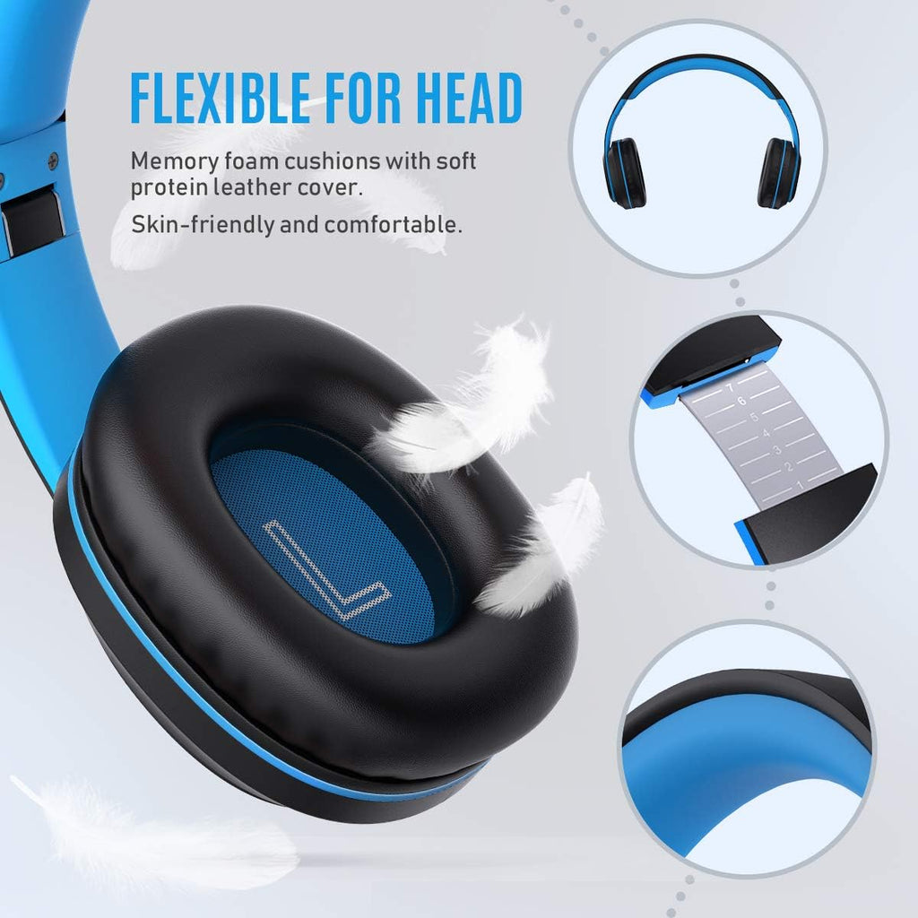 Bluetooth Headphones over Ear, Hi-Fi Deep Bass Wireless and Wired Headsets, 72 Hours Playtime, Soft Memory Protein Earmuffs, Foldable Headphones with CVC6.0 Mic-Blue
