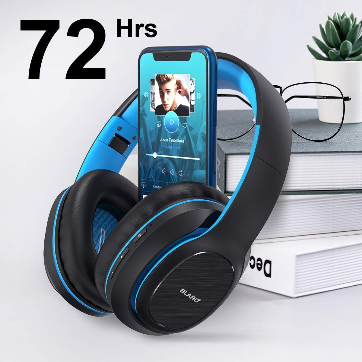 Bluetooth Headphones over Ear, Hi-Fi Deep Bass Wireless and Wired Headsets, 72 Hours Playtime, Soft Memory Protein Earmuffs, Foldable Headphones with CVC6.0 Mic-Blue